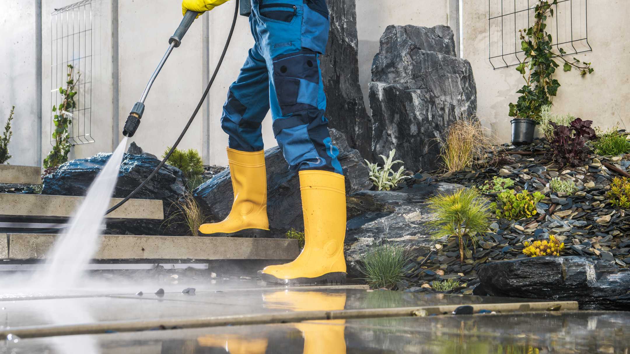 professional in yellow boots pressure washing concrete